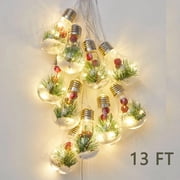 Christmas Snow Globe String Lights, 10 LED Bulb Fairy Lights with Green Pine Berry Snowflake, Hanging Xmas Tree Lights for Indoor Ornaments Decoration Wedding Party, Battery Operated 13FT
