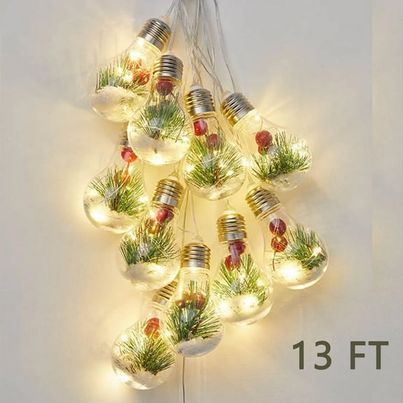 Christmas Snow Globe String Lights, 10 LED Bulb Fairy Lights with Green Pine Berry Snowflake, Hanging Xmas Tree Lights for Indoor Ornaments Decoration Wedding Party, Battery Operated 13FT