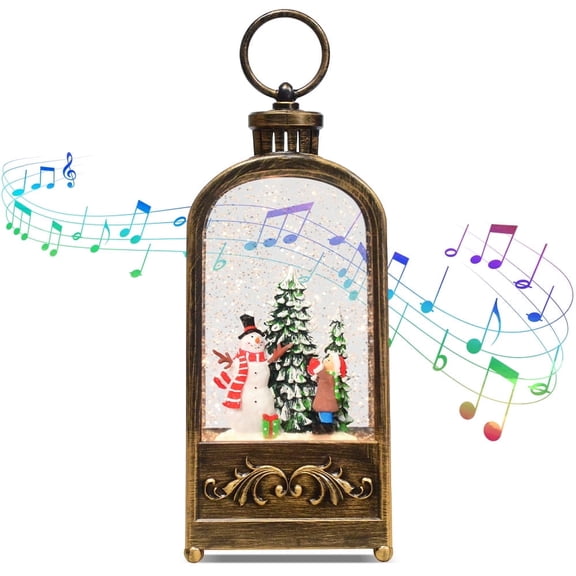 Christmas Snow Globe Lantern Music Box, Red Truck & Tree Scene, Rotating Flashing LED, Holiday Decor Xmas Gift