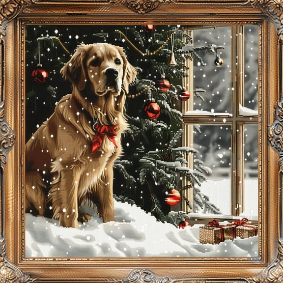 Christmas Snow Golden Retriever Sit in Window DIY 11CT Stamped Cross Stitch Kits for Beginners Easy Needlepoint Embroidery Counted Cross Stitch Art Craft for Wall Decoration 14x14inch(4)