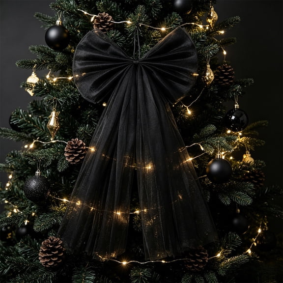 Christmas Snow Lace Bow Tree Topper Decoration Long Flowing Ribbon Bow Christmas Tree Ornament Holiday Decor Wall Fireplace Door Hanging Display Home Party Winter Decoration
