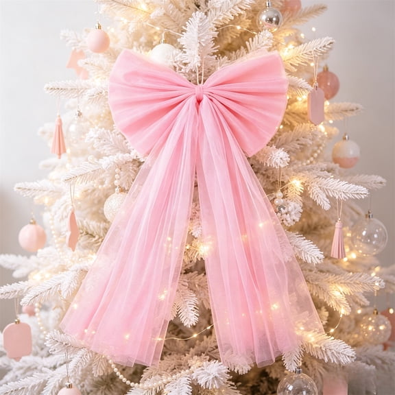 Christmas Snow Lace Bow Tree Topper Decoration Long Flowing Ribbon Bow Christmas Tree Ornament Holiday Decor Wall Fireplace Door Hanging Display Home Party Winter Decoration