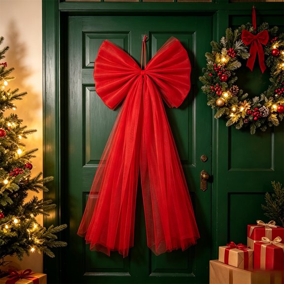 Christmas Snow Lace Bow Tree Topper with Long Flowing Ribbon, Netted Sheer Large Bow Ornament, Elegant Holiday Tree Top Decoration for Christmas Tree Wreath Front Door Home Party Decor, Red