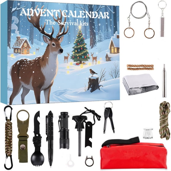 Christmas Snow Scene Themed Advent Calendar Blind Box, 24-Piece Outdoor Survival Tool Kit With Flint Carabiner Multi-Functional Knife, Red Storage Bag For Daily Unlocking Festival
