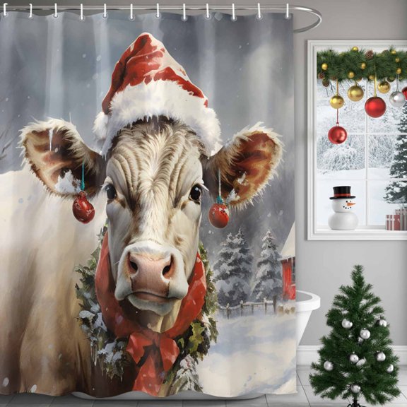 Christmas Snow Shower Curtains for Bathroom, Farm Hat Cow Waterproof Fabric Shower Curtain for Bathroom Bathtub Decoration, Machine Washable, 60"x72"