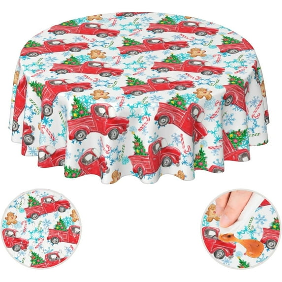 Christmas Snow Snowy Vintage Retro Farm Red Red Truck Candy Cane Gingerbread Country Waterproof Picnic Party Round Table Cloth Cover Decorations Fabric 60 Inch Circular Tablecloth Home Kitchen
