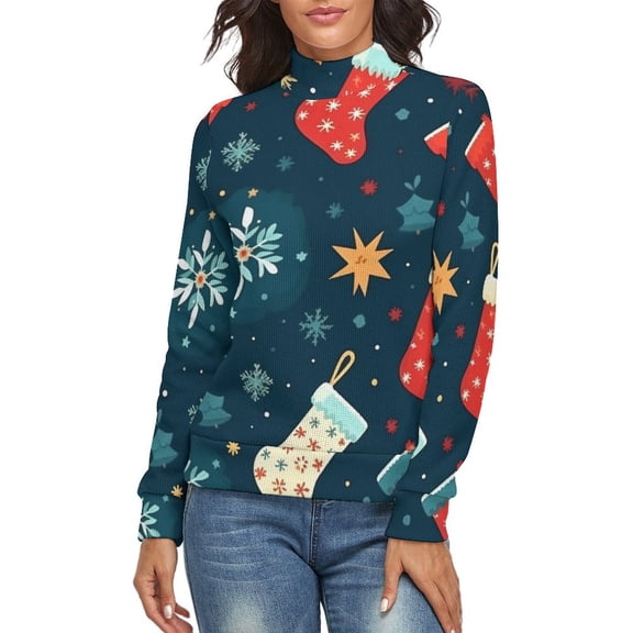 Christmas Snow Socks Women's Turtleneck Sweater Long Sleeve Ribbed Fitted Turtle Neck Casual Fall Winter Collection Top S