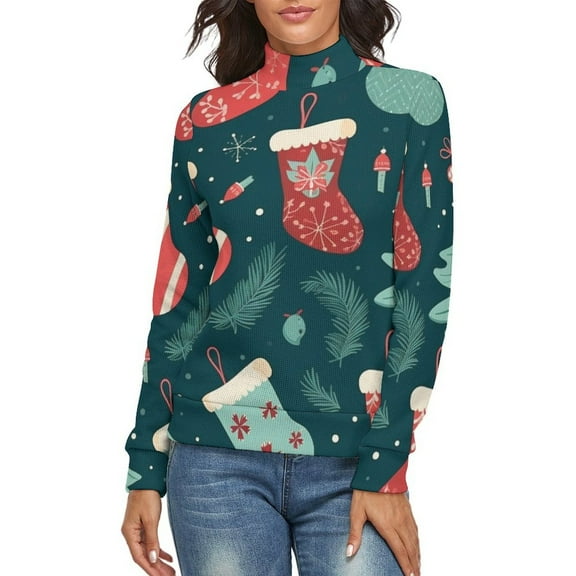 Christmas Snow Socks Women's Turtleneck Sweater Long Sleeve Ribbed Fitted Turtle Neck Casual Fall Winter Collection Top XL