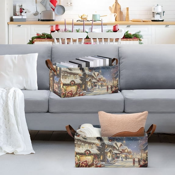 Christmas Snow Storage Bins with Handles Foldable Storage Baskets for Shelves Organizer Cloth Baskets