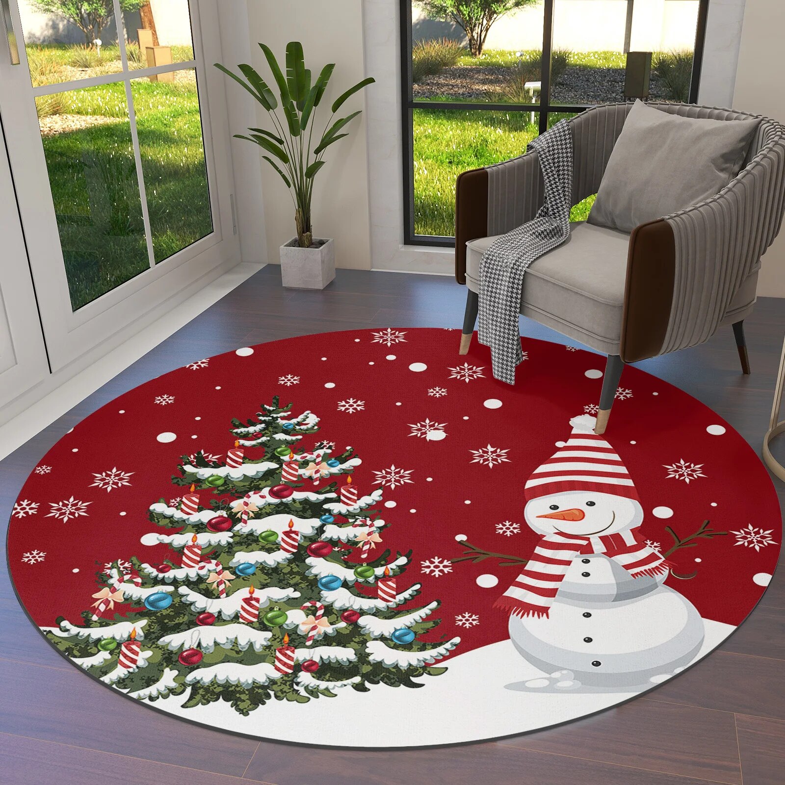 Christmas Snow Tree Snowman Round Area Rug Carpets for Living Room