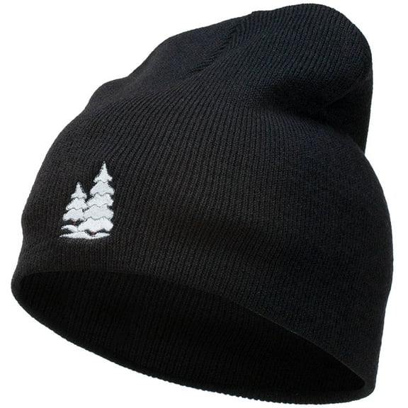 Christmas Snow Trees Embroidered Short Beanie - Black OSFM