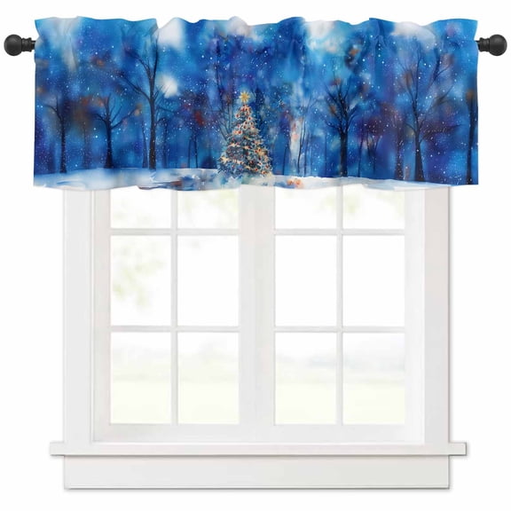 Christmas Snow Valances for Windows, Covered Xmas Tree Forest Navy Blue Light Filtering Window Treatment Valances, Rod Pocket Small Curtains for Kitchen/Bathroom, 42"x12"