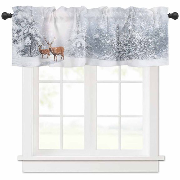 Christmas Snow View Valances for Windows, Elk Forest Tree White Brown Winter Light Filtering Window Treatment Valances, Rod Pocket Small Curtains for Kitchen/Bathroom, 42"x18"