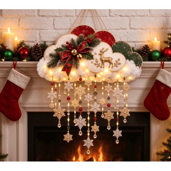 Christmas Snowfall Cloud Lighted Hanging Holiday Decor, Whimsical Lighted Cloud with Falling Snow Effect (Reindeer)