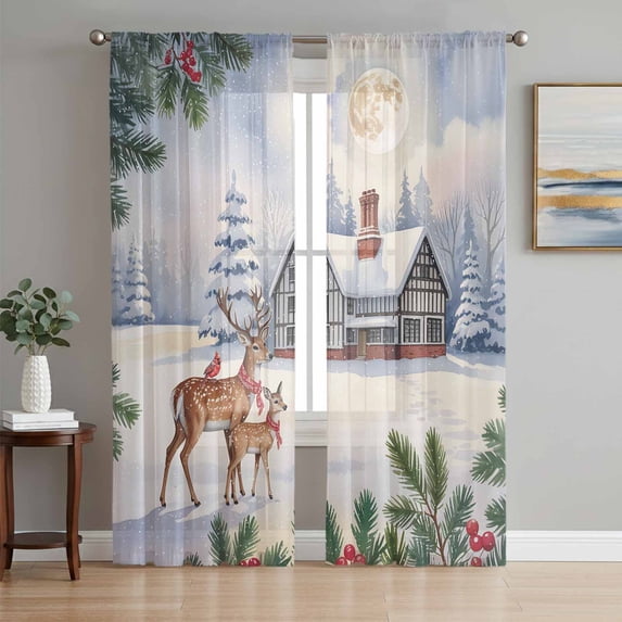 Christmas Snowfields Sheer Curtains 72 Inch Length 2 Panels Set, Winter Elk Cardinal Xmas Tree Branch Voile Window Treatment Curtains Sheers Drapes for Bedroom/Living Room/Kitchen 52"x72"x2