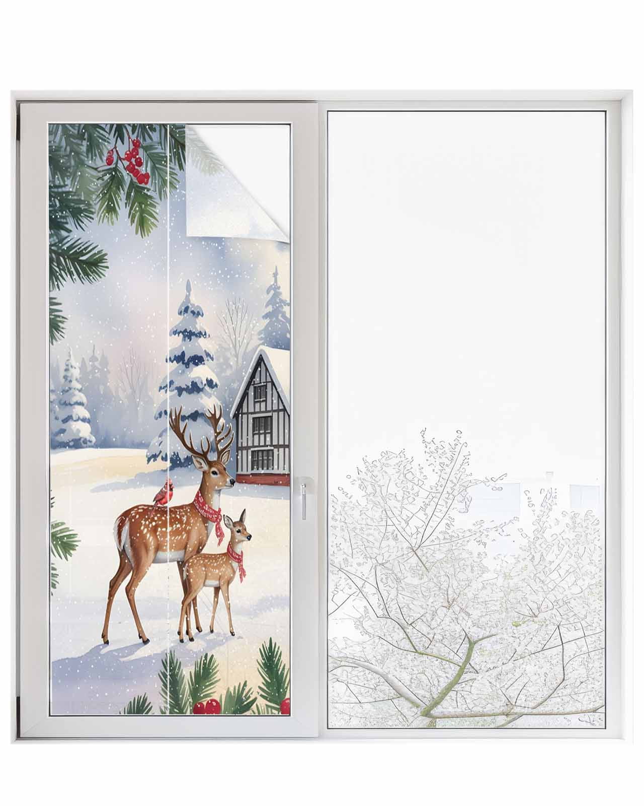 Christmas Snowfields Winter Elk Cardinal Xmas Tree Branch Window Privacy Film Stained Glass Window Film Decorative Windows Cover Static Windows Cling for Glass Door Stickers for Bathroom 23.6"x59"