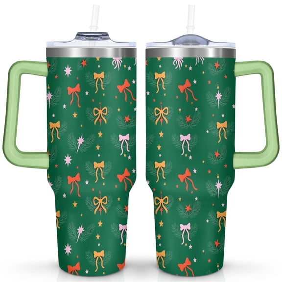 Christmas Snowflake 40 OZ Coffee Tumble with Handle Insulated Leakproof Tumbler Cup Green Background with Colorful Bows Tumbler for Home Office Supplies Tumbler for Daughter Son