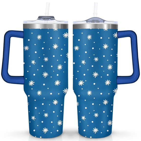 Christmas Snowflake 40 OZ Tumbler with Handle Rust Resistant Travel Coffee Mugs Blue, White Snowflakes Tumbler for Spring Summer Cup for Work Travel