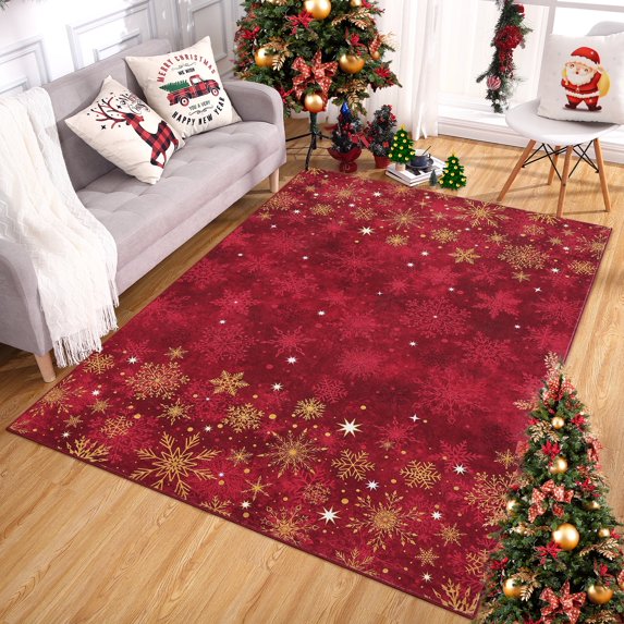 Christmas Snowflake Area Rug Non Slip Entryway Washable Rugs Holiday Throw Carpet Low Pile Soft Floor Mat for Hallway Bedrooms Bathroom