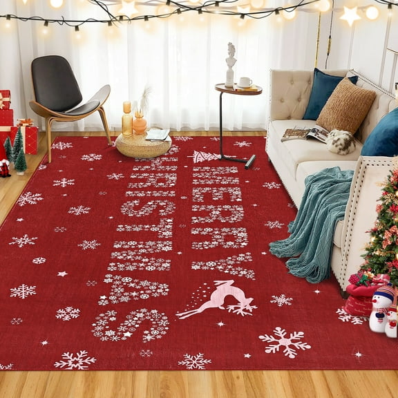 Christmas Snowflake Area Rug Washable Non Slip for Entryway Merry Christmas Mats for Front Door Soft Low Pile Christmas Door Mats for Kitchen, Farmhouse, Entryway