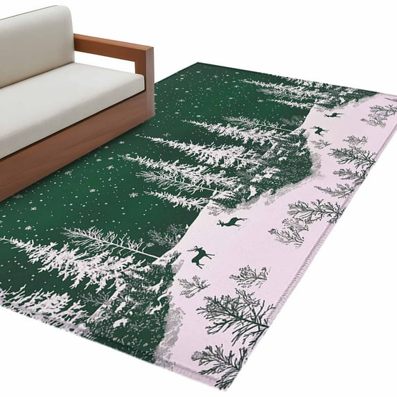 Christmas Snowflake Area Rug 4x6ft Elk Pine Trees Winter Deep Green Non ...