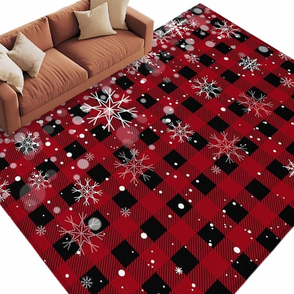 Christmas Snowflake Area&nbsp;Rug 5x7ft Black and Red Buffalo Plaid Non-Slip&nbsp;Washable Square&nbsp;Rugs Soft Felt Indoor Floor Mat for Bedroom Kitchen Living Room Bathroom