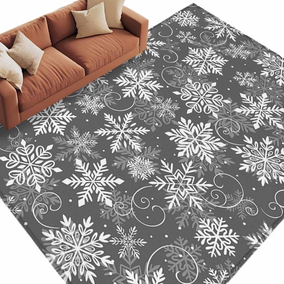Christmas Snowflake Area Rug 5x7ft Winter Snowflake Grey Texture Non-Slip Washable Square Rugs Soft Felt Indoor Floor Mat for Bedroom Kitchen Living Room Bathroom