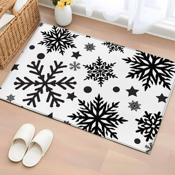 Christmas Snowflake Bathroom Rug Washable 2x3 Entryway Rug Non Slip Winter Xmas Simple Black White Front Door Mat Low Pile Indoor Doormat Throw Floor Carpet for Kitchen Bedroom Entrance