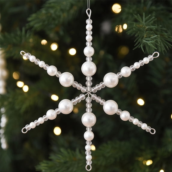 Christmas Snowflake Bead Ornament, Tree Wreath Fireplace Decoration with Hanging Line and Classic Style, Home Holiday Party Decor for Mantel, Window, Seasonal, Gift, Red 9.5*9*9