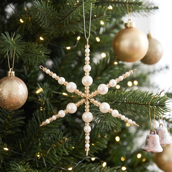 Christmas Snowflake Bead Ornament, Tree Wreath Fireplace Decoration with Hanging Line and Classic Style, Home Holiday Party Decor for Mantel, Window, Seasonal, Gift, Red 9.5*9*9