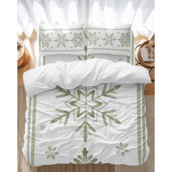Christmas Snowflake Bedding Duvet Cover Set Full Size 4 Pieces Winter Sage Green Snowflake Texture Bedding Set with Zipper Closure, 1 Comforter Cover 86x90 Inches 1 Flat Sheet & 2 Pillow Cases