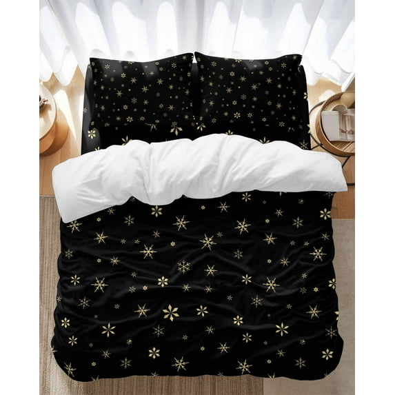 Christmas Snowflake Bedding Duvet Cover Set Queen Size 4 Pieces Winter Black Retro Texture Bedding Set with Zipper Closure, 1 Comforter Cover 90x92 Inches 1 Flat Sheet & 2 Pillow Cases