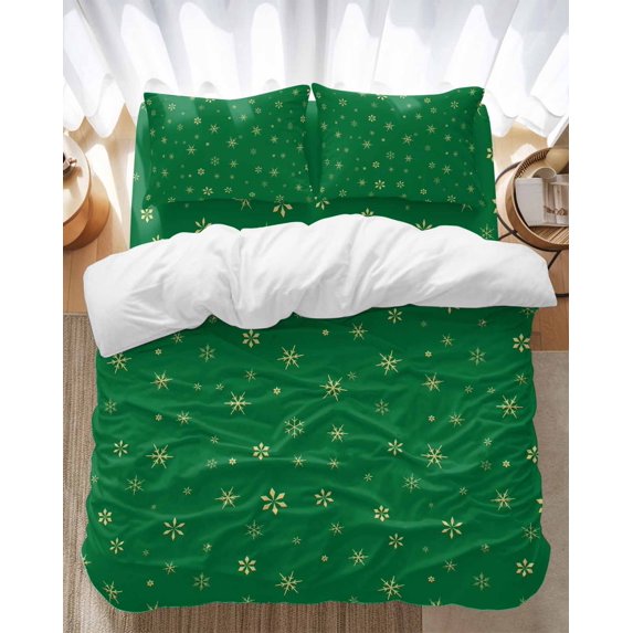 Christmas Snowflake Bedding Duvet Cover Set Queen Size 4 Pieces Winter Green Retro Texture Bedding Set with Zipper Closure, 1 Comforter Cover 90x92 Inches 1 Flat Sheet & 2 Pillow Cases