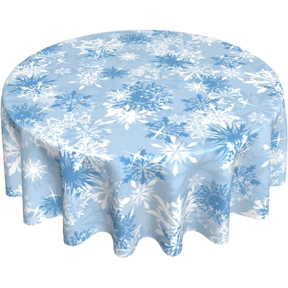 Christmas Snowflake Blue Round Tablecloth 60 Inch Blue and White New Year Decor Holiday Snow Winter Table Cloth Polyester Fabric Washable Table Cover for Home Kitchen Outdoor Party