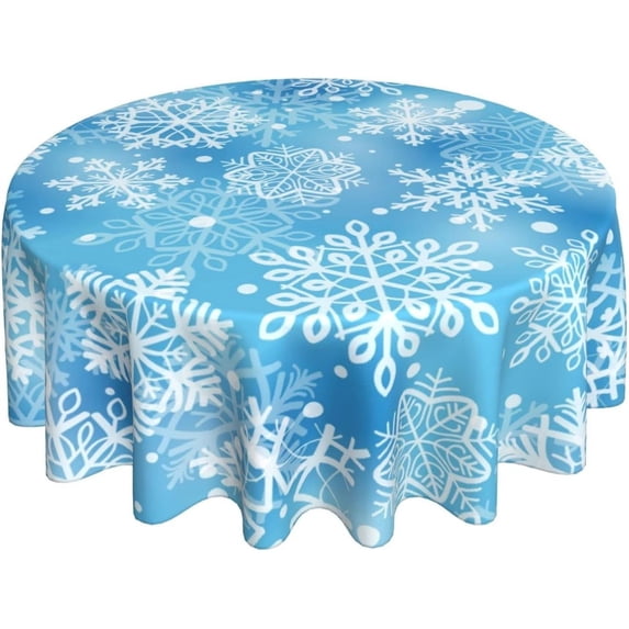 Christmas Snowflake Blue Round Tablecloth Waterproof Wipeable Tablecloth Cover Home Restaurant Kitchen Picnic Party Decoration 60 Inch Circular Tablecloth for 20-47 Inch