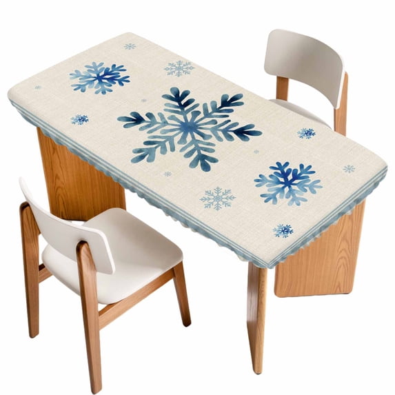 Christmas Snowflake Blue Table Cloths for 6 Foot Rectangle Tables, Winter Stripe Xmas Texture on Linen Patio Waterproof Elastic Fitted Tablecloths, Washable Rectangular Table Cover for Camping