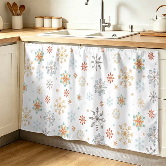 Christmas Snowflake Cabinet Curtain 32"Wx55"L,Dustproof Pantry Door Curtain W/ Self Adhesive Tape,Xmas Yellow Teal Snow Winter Holiday Tall Storage Cover Privacy Drape for Bathroom Kitchen