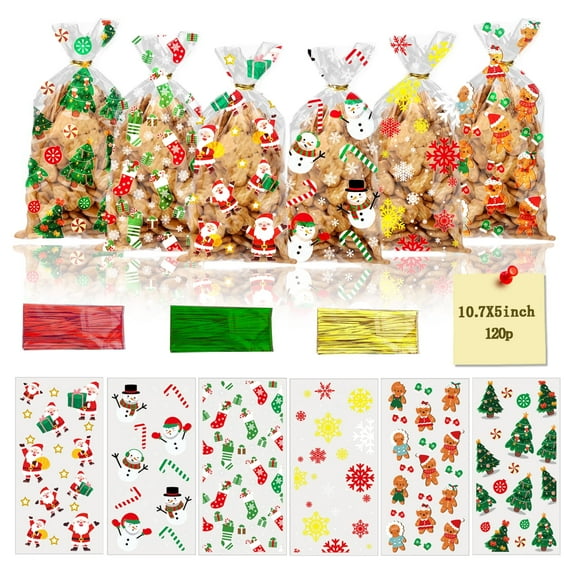 Christmas Snowflake Cellophane Treat Bags, Extra Thick Candy Gift Bags with Twist Ties for Xmas Party and Winter Wonderland Supplies (120 Pcs Christmas)