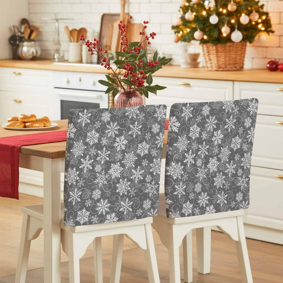 Christmas Snowflake Chair Back Covers Set of 8, Winter Snowflake Grey Texture Stretch Dining Chair Back Slipcovers Removable Seat Cover for Kitchen Restaurant Hotel Cafe