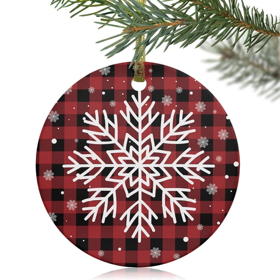 Christmas Snowflake Christmas Ceramic Ornament 2025,3" Round Xmas Tree Hanging Accessories with Gold Ribbon