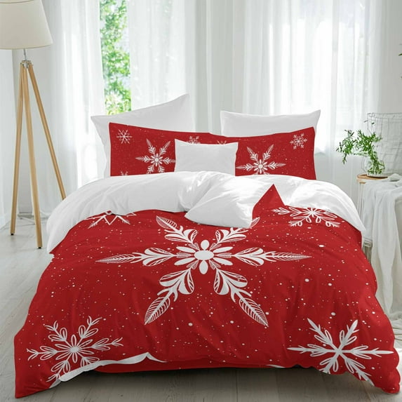 Christmas Snowflake Comforter Set California King Size, Red Vintage Winter Vintage Abstract Soft Bedding Set for Man Woman, 4 Pieces Duvet Cover Set with Fitted Sheet, 2 Pillowcases