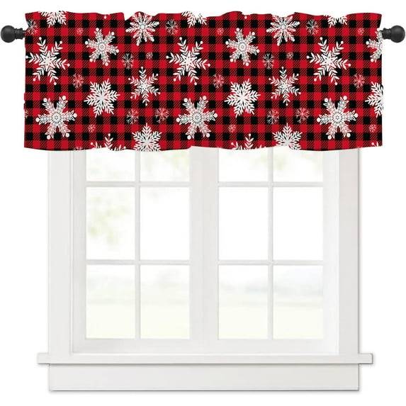 Christmas Snowflake Curtain Valances For Kitchen Window 54x18 Inch Xmas Winter Red Black Buffalo Plaid Rod Pocket Valance Windows Treatments 1 Panel Holiday Curtains for Bathroom Living Room Decor