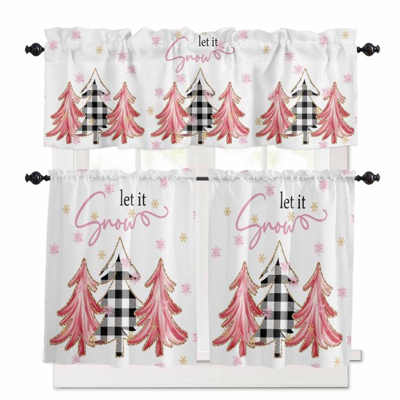 Christmas Snowflake Curtain Valances Set Black and Red Buffalo Plaid Kitchen Curtains 24&nbsp;inch Length Rod Pocket Valance and Tiers 3 Piece Set Small Bedroom Bathroom Laundry Decor