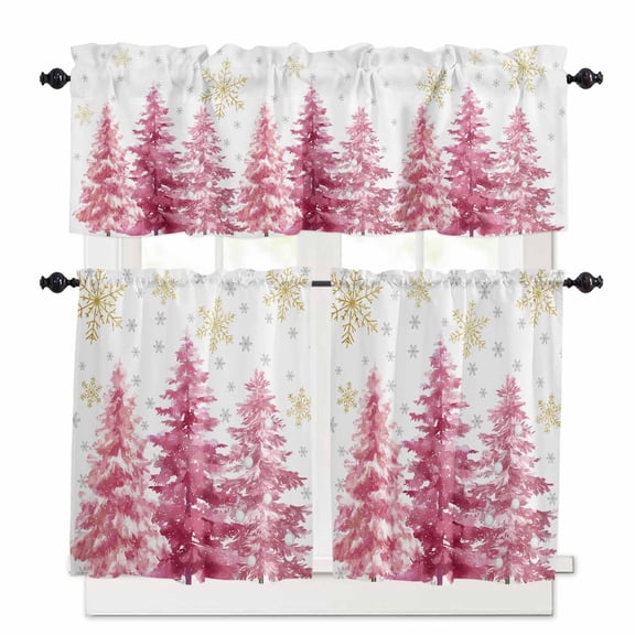 Christmas Snowflake Curtain Valances Set Red Beige Buffalo Plaid Winter Snow Kitchen Curtains 24&nbsp;inch Length Rod Pocket Valance and Tiers 3 Piece Set Small Bedroom Bathroom Laundry Decor