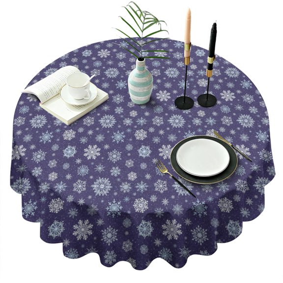 Christmas Snowflake Dark Blue Pattern Round Tablecloth, Fits 60-Inch Table, Stain & Wrinkle Resistant, Washable Polyester, Kitchen, Wedding, Party