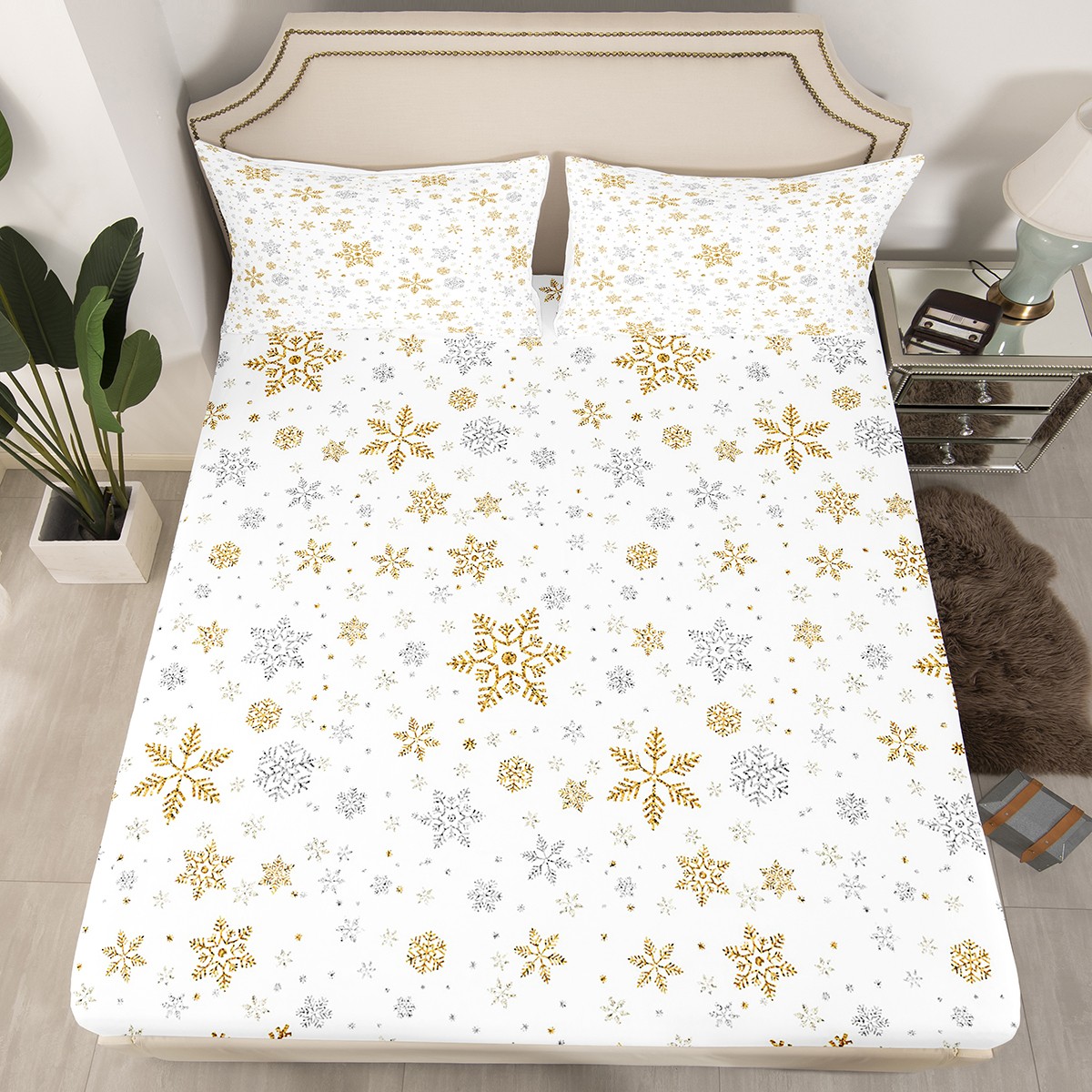 Christmas Snowflake Decorations Fitted Sheet For Kids Xmas Gifts