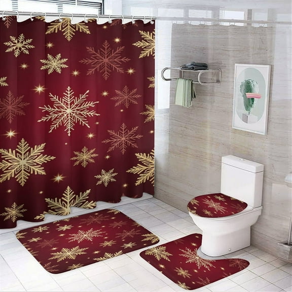 Christmas Snowflake Deer Shower Curtain Bathroom Sets Toilet Lid Rug, Rugs Mat Bath Mat And Contour Mat, Shower Curtain 4Pcs
