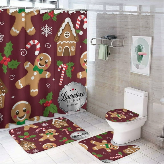 Christmas Snowflake Deer Shower Curtain Bathroom Sets Toilet Lid Rug, Rugs Mat Bath Mat And Contour Mat, Shower Curtain 4Pcs