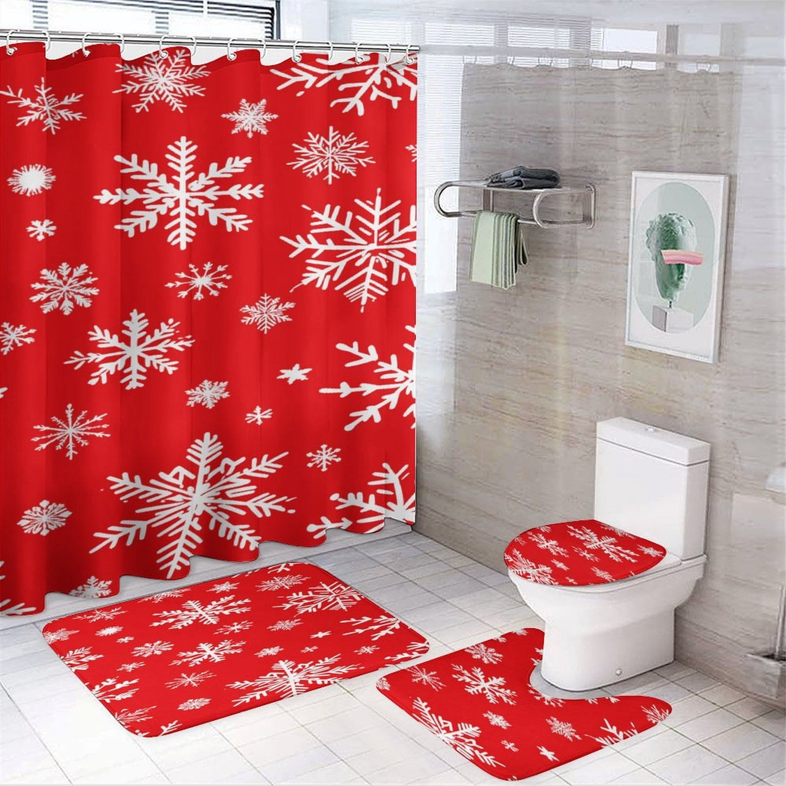 Christmas Snowflake Deer Shower Curtain Set Modern Bathroom Decor Mats ...