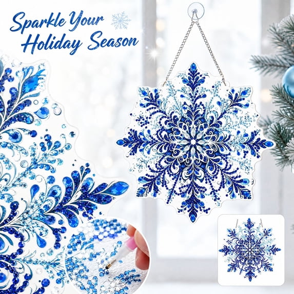 Christmas Snowflake Diamond Painting Kit Blue Mandala Rhinestone Art, 7.9 inch DIY Crystal Suncatcher Hanging Ornament for Window Wall Decor